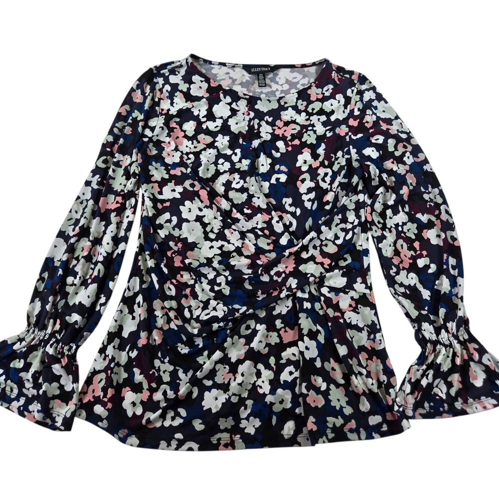 Ellen Tracy Women Medium Navy Floral Twist Front Bell Sleeve Top